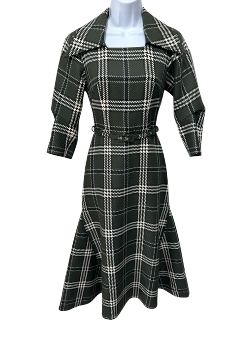 Emilia Wickstead Size 2 Green, White, Black Wool Blend Plaid Belt Dress Green, White, Black / 2