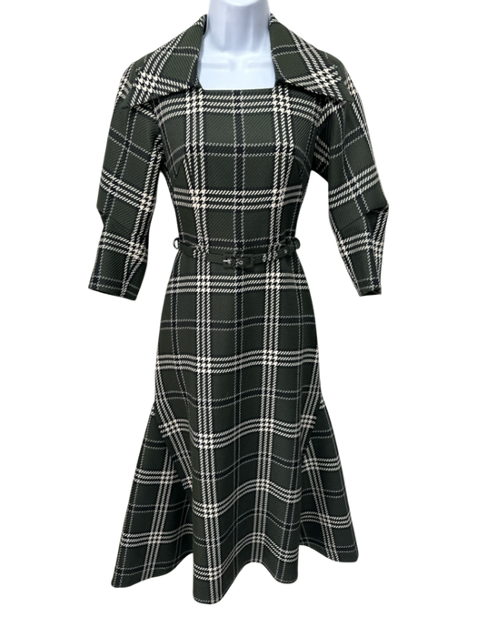 Emilia Wickstead Size 2 Green, White, Black Wool Blend Plaid Belt Dress Green, White, Black / 2