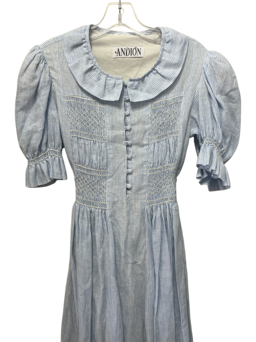 Andion Size XS Blue & White Print Cotton Smocked Stripe Tie Neck Dress Blue & White Print / XS