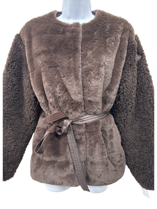Moncler Size 1 Chocolate Brown Polyester Faux Fur Belted Jacket Chocolate Brown / 1
