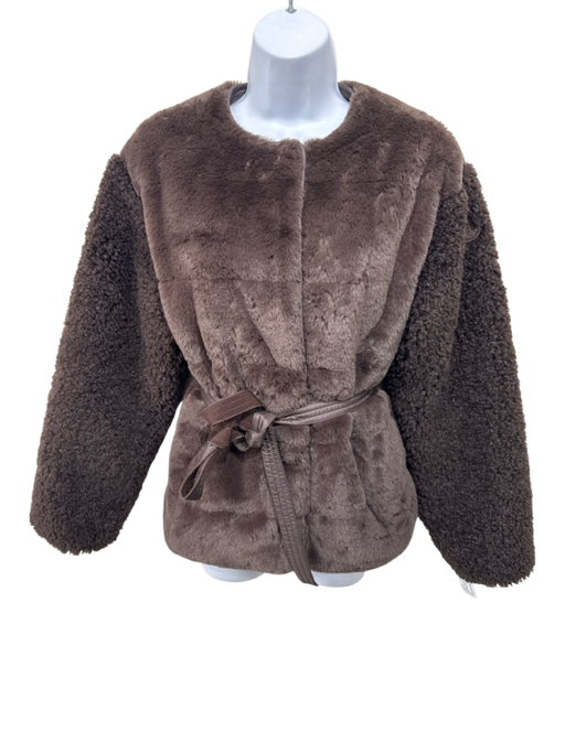 Moncler Size 1 Chocolate Brown Polyester Faux Fur Belted Jacket Chocolate Brown / 1