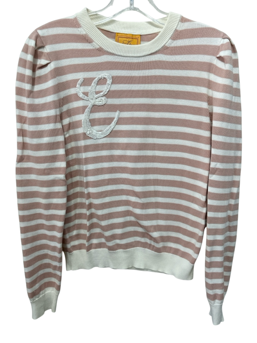 Le Lion Size S Blush Pink & White Cotton Horizontal Stripes Crew Neck Sweater Blush Pink & White / S