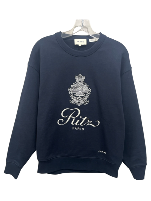 Frame Size XS Navy Blue & White Cotton Embroidered Crew Neck Long Sleeve Sweater Navy Blue & White / XS