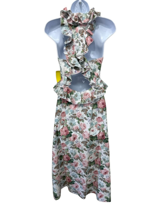 Loulou La Dune Size XS White, Pink, Green Cotton Floral Peplum Open Back Dress White, Pink, Green / XS
