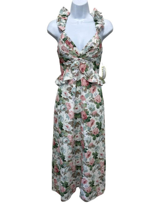 Loulou La Dune Size XS White, Pink, Green Cotton Floral Peplum Open Back Dress White, Pink, Green / XS