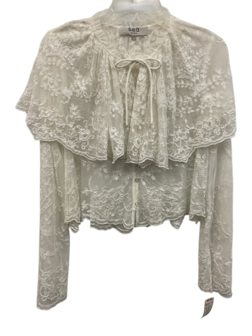 Sea New York Size XS White Polyamide Sheer Lace Long Sleeve Wide Collar Top White / XS