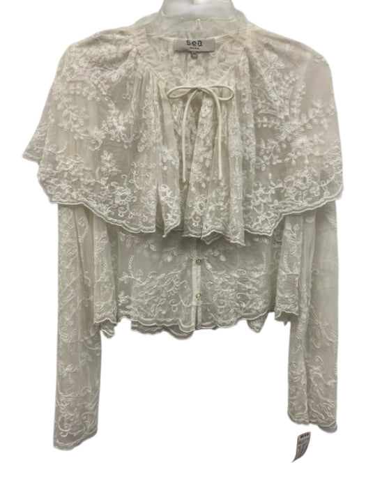 Sea New York Size XS White Polyamide Sheer Lace Long Sleeve Wide Collar Top White / XS