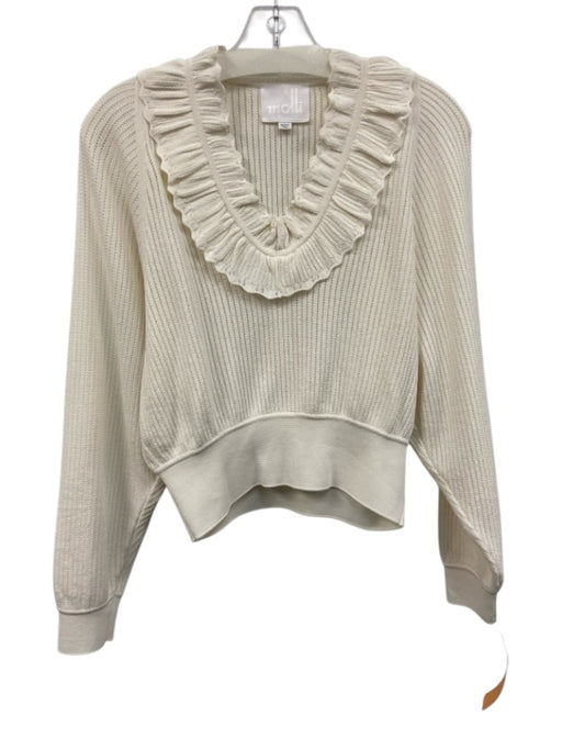 Molli Size XS White Cotton Blend Open Knit V Neck Ruffle Trim Crop Sweater White / XS