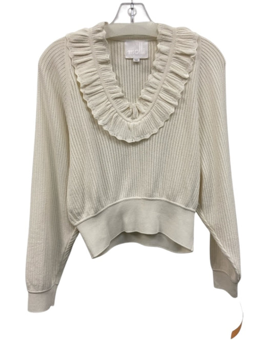 Molli Size XS White Cotton Blend Open Knit V Neck Ruffle Trim Crop Sweater White / XS