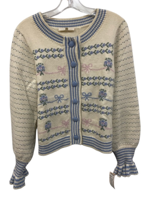 Loveshackfancy Size XS Ivory & blue Wool & Nylon Blend Floral & Stripes Sweater Ivory & blue / XS