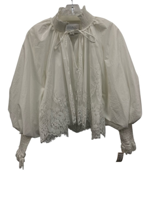 Mare Mare Size XS White Cotton Lace Trim Balloon Sleeve Smocked Neck Top White / XS