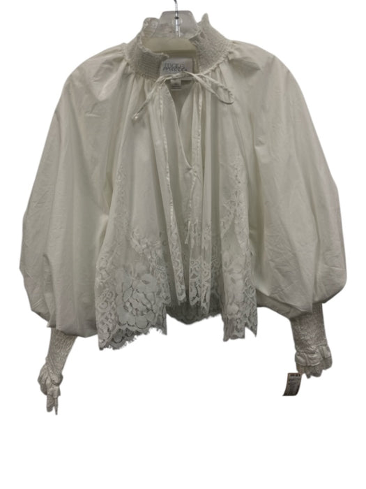 Mare Mare Size XS White Cotton Lace Trim Balloon Sleeve Smocked Neck Top White / XS