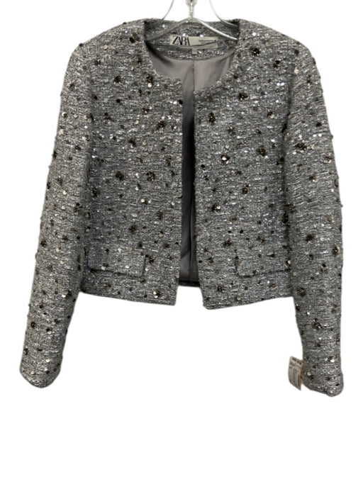 Zara Size XS Silver & Gray Polyester Tweed Sequin Design Open Front Jacket Silver & Gray / XS