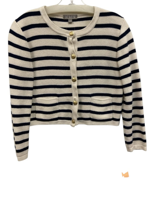 J Crew Size XS Cream & Navy Blue Cotton Horizontal Stripes Pockets Cardigan Cream & Navy Blue / XS