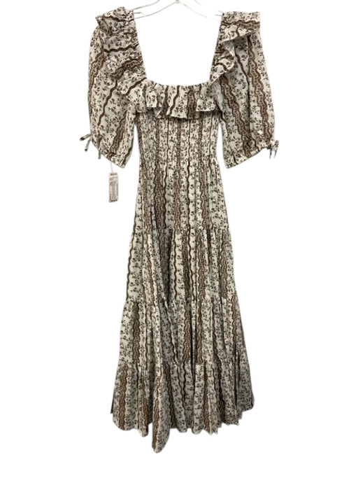 Hill House Size XXS White & Brown Print Cotton Short Puff Sleeve smocked Dress White & Brown Print / XXS