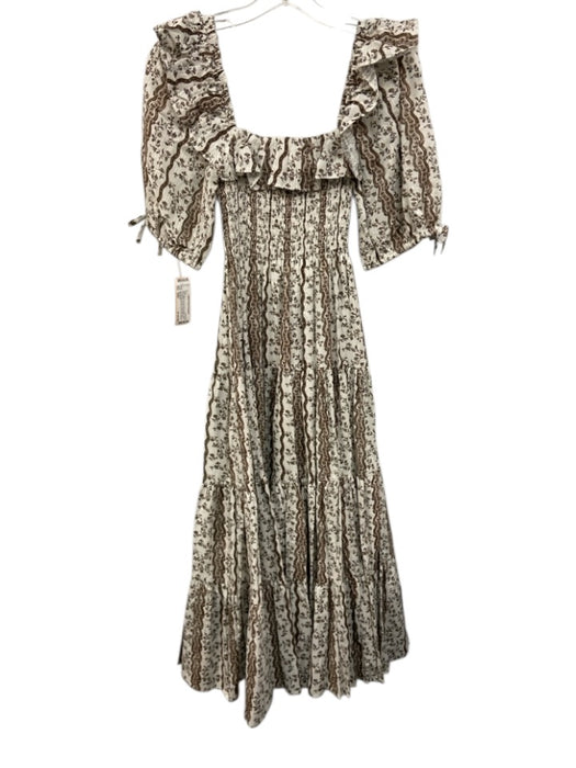 Hill House Size XXS White & Brown Print Cotton Short Puff Sleeve smocked Dress White & Brown Print / XXS