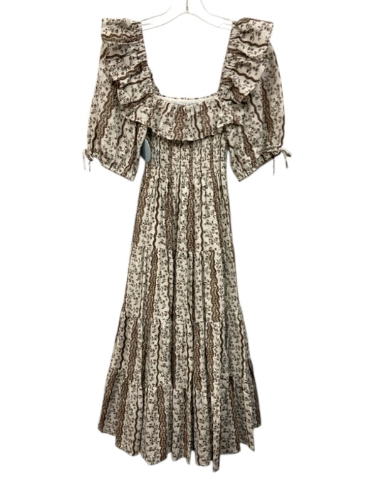 Hill House Size XXS White & Brown Print Cotton Short Puff Sleeve smocked Dress White & Brown Print / XXS