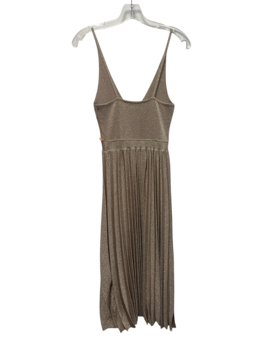 Zara Knit Size S Champagne Gold Knit Metallic Thread Pleated Skirt V Neck Dress Champagne Gold / S