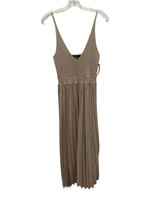 Zara Knit Size S Champagne Gold Knit Metallic Thread Pleated Skirt V Neck Dress Champagne Gold / S