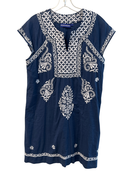Ro's Garden Size S Navy & white Cotton Short Sleeve Embroidered V Neck Dress Navy & white / S