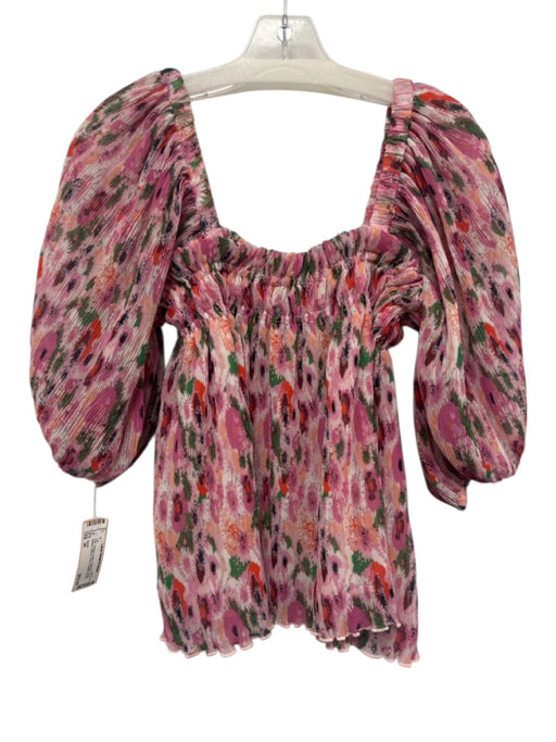 Ganni Size 36 Pink, Orange, Green Polyester Long Balloon Sleeve Floral Top Pink, Orange, Green / 36