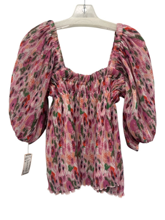 Ganni Size 36 Pink, Orange, Green Polyester Long Balloon Sleeve Floral Top Pink, Orange, Green / 36