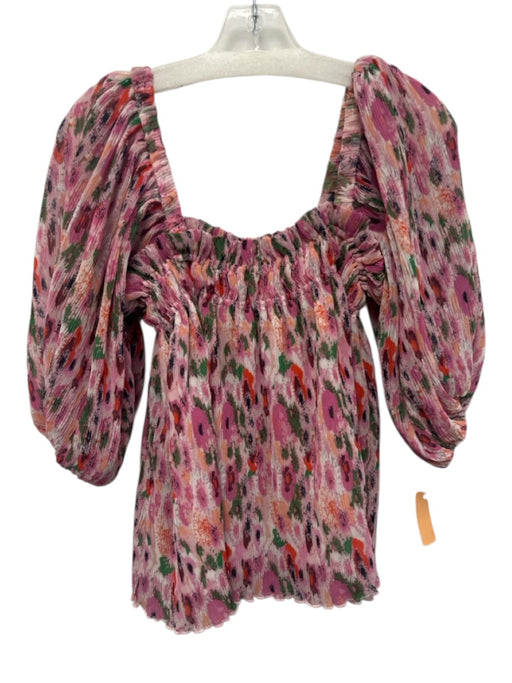 Ganni Size 36 Pink, Orange, Green Polyester Long Balloon Sleeve Floral Top Pink, Orange, Green / 36
