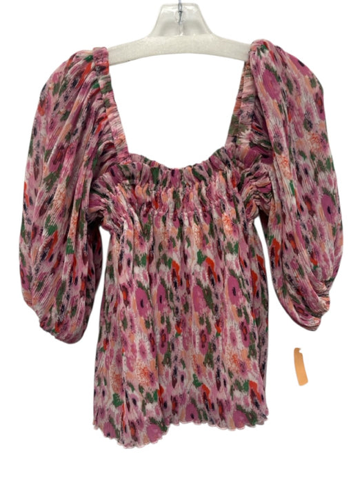 Ganni Size 36 Pink, Orange, Green Polyester Long Balloon Sleeve Floral Top Pink, Orange, Green / 36