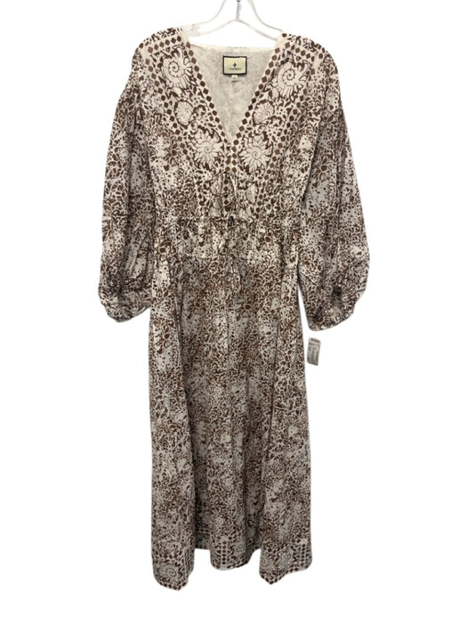 Tuckernuck Size Small Brown & White Cotton Long Sleeve Drawstring Waist Dress Brown & White / Small
