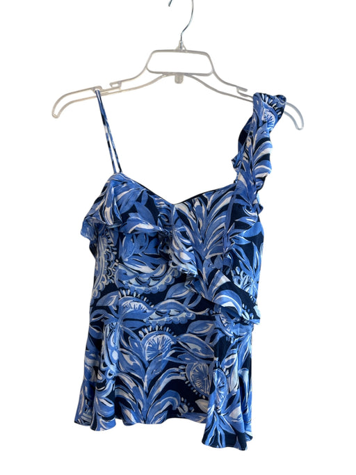 Lily Pulitzer Size 0 Blue & White Rayon Spaghetti Strap Floral Print Boning Top Blue & White / 0