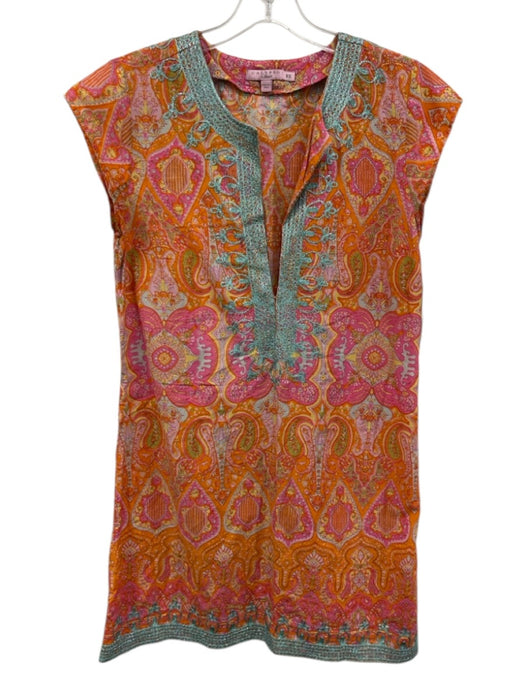 Calypso Size XS Orange, Pink, Blue Cotton Sleeveless Split Neck Cap Sleeve Dress Orange, Pink, Blue / XS