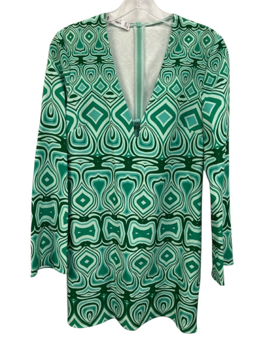 MNG Size S Green Polyester Long Sleeve V Neck All Over Print Midi Dress Green / S
