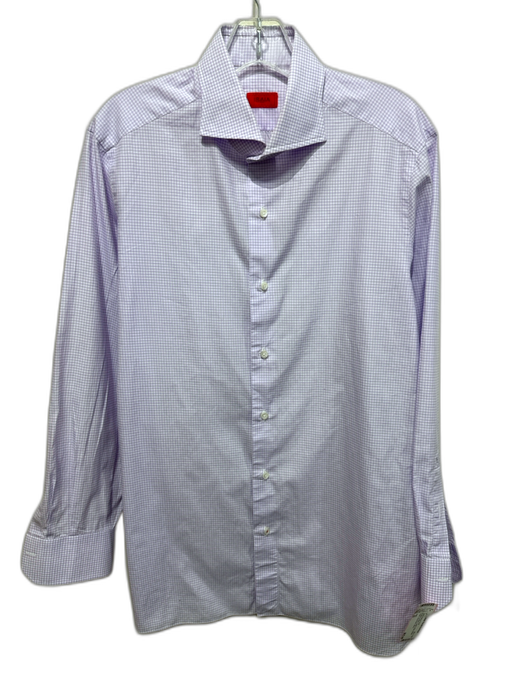 Isaia Size 16 Purple & White Cotton Plaid Button Down Men's Long Sleeve Shirt Purple & White / 16