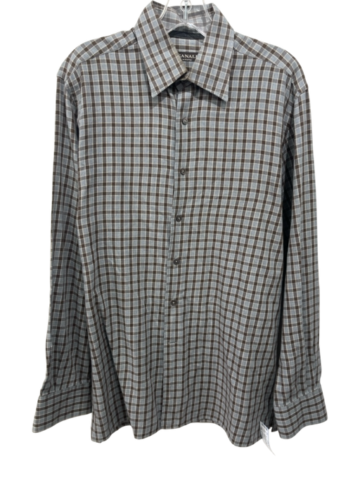 Canali Size L Blue & Brown Cotton Plaid Button Up Men's Long Sleeve Shirt Blue & Brown / L