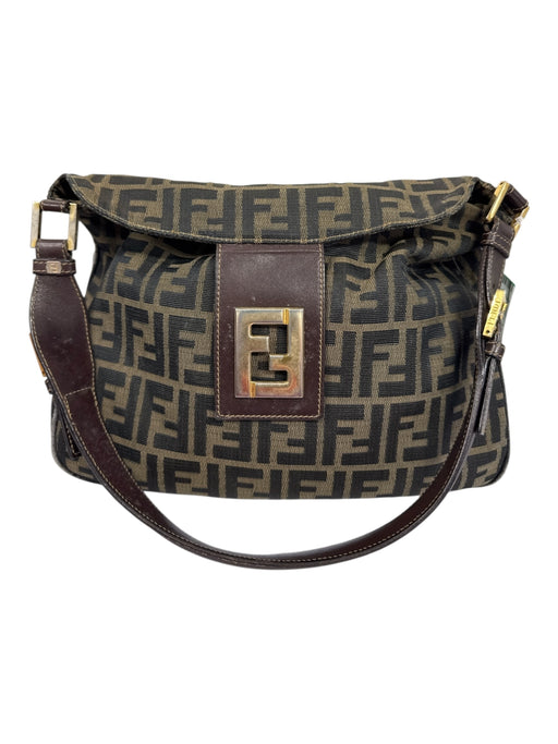 Fendi Brown & Black Canvas Leather Accent Gold Tone Hardware Monogram Bag Brown & Black
