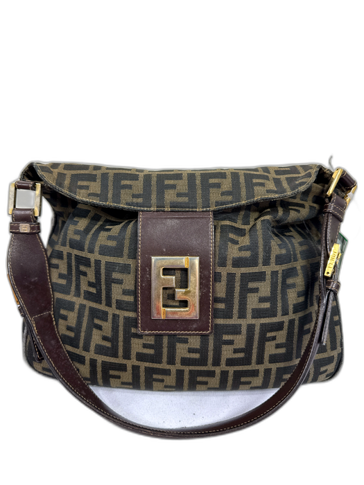 Fendi Brown & Black Canvas Leather Accent Gold Tone Hardware Monogram Bag Brown & Black