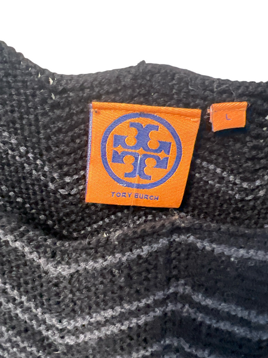 Tory Burch Size L Black & Gray Merino Wool Knit Scallop Detail Chevron Dress Black & Gray / L