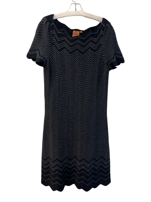 Tory Burch Size L Black & Gray Merino Wool Knit Scallop Detail Chevron Dress Black & Gray / L
