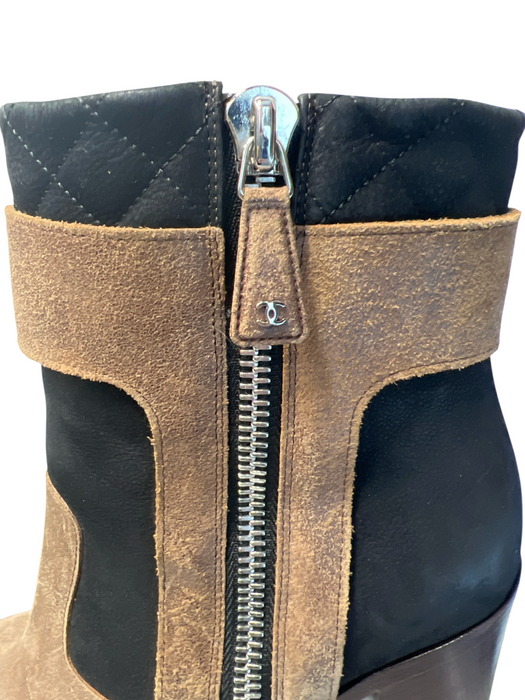 Chanel Shoe Size 41.5 brown & black Round Toe Side Zip Knit Detail Boots 41.5