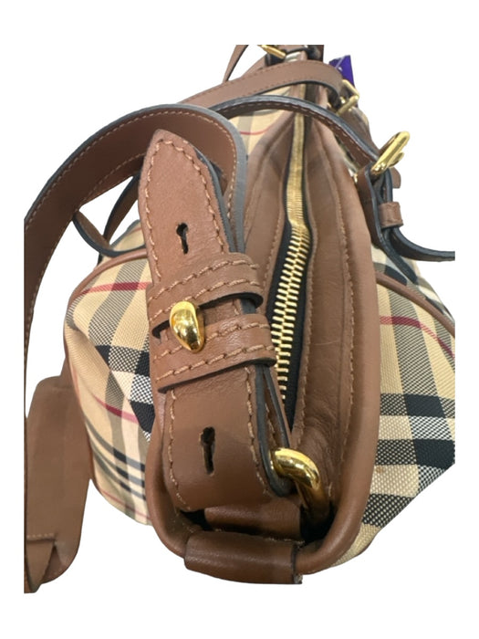 Burberry Tan, Black, Red Canvas Leather trim Plaid Zip Top shoulder strap Bag Tan, Black, Red / Large