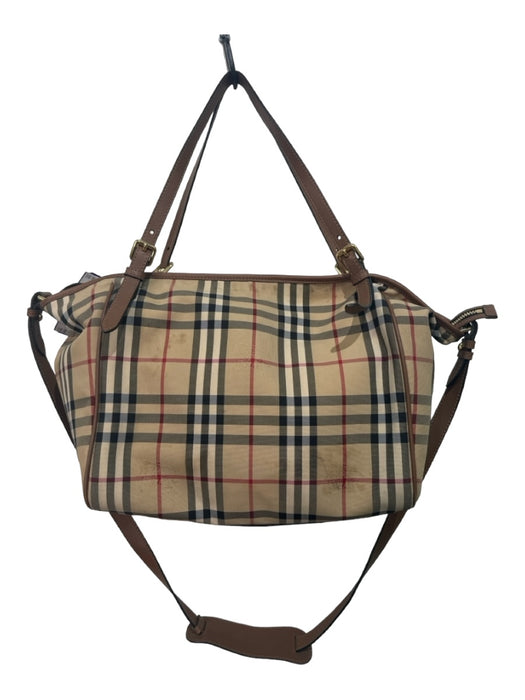 Burberry Tan, Black, Red Canvas Leather trim Plaid Zip Top shoulder strap Bag Tan, Black, Red / Large