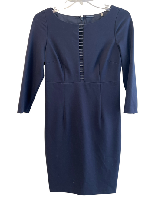 Elie Tahari Size 4 Navy Rayon Blend 3/4 Sleeve Pleated Cutout detail Midi Dress Navy / 4