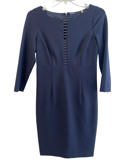 Elie Tahari Size 4 Navy Rayon Blend 3/4 Sleeve Pleated Cutout detail Midi Dress Navy / 4