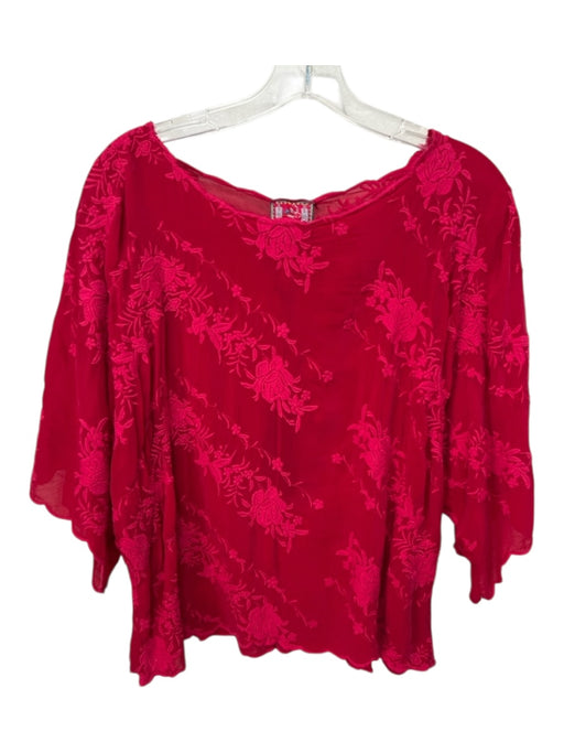 Johnny Was Size S Red Rayon 1/2 Sleeve Floral Embroidery Sheer Top Red / S