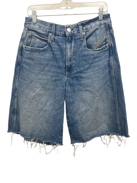 AMO Size 27 Medium Wash Cotton Denim Zip Fly High Rise Raw Hem Bermuda Shorts Medium Wash / 27