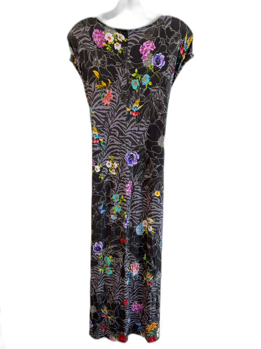 Johnny Was Size S Grey & Multi Cotton Cap Sleeve Floral Print Waste Fasten Dress Grey & Multi / S