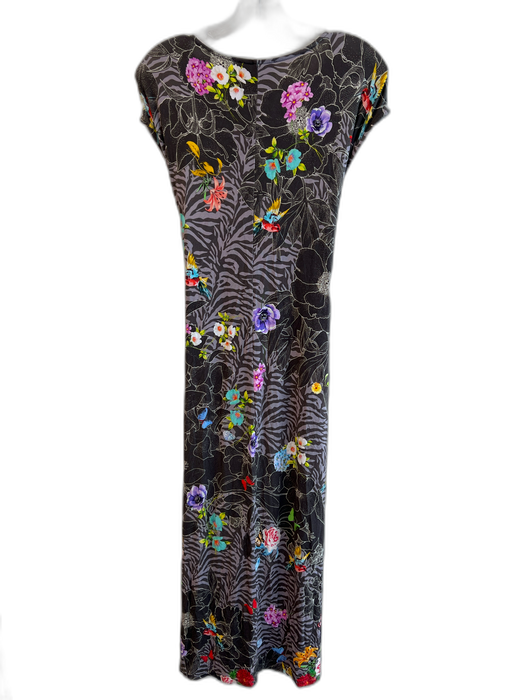 Johnny Was Size S Grey & Multi Cotton Cap Sleeve Floral Print Waste Fasten Dress Grey & Multi / S