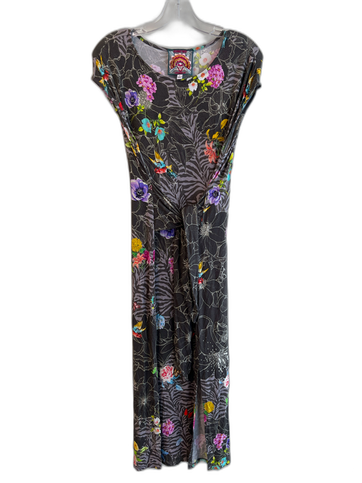 Johnny Was Size S Grey & Multi Cotton Cap Sleeve Floral Print Waste Fasten Dress Grey & Multi / S