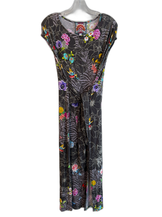 Johnny Was Size S Grey & Multi Cotton Cap Sleeve Floral Print Waste Fasten Dress Grey & Multi / S