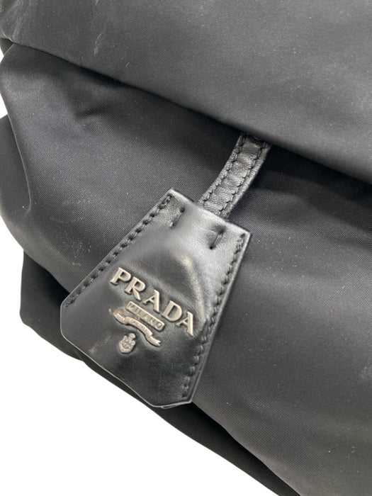 Prada Black Nylon Leather Detail Side Logo Zip Top Tote Bag Black